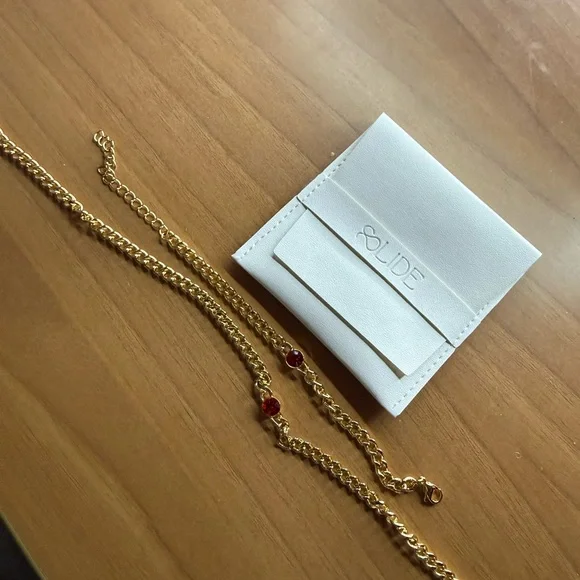 New With Tags Slide Jewelry Red Gemstone Gold Plated Necklace and Bracelet Set - Picture 2 of 7